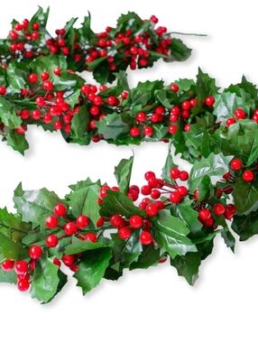2 Pieses Red Berry and Green Holly Garland,6 1/2 Feet Each